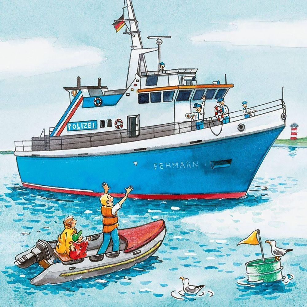 Barca della polizia con equipaggio, un gommone con persone, gabbiani e boa sull'acqua.