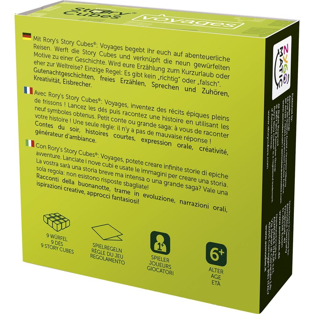 Verpackung von Rory's Story Cubes: Voyages mit Texten und Symbolen.
