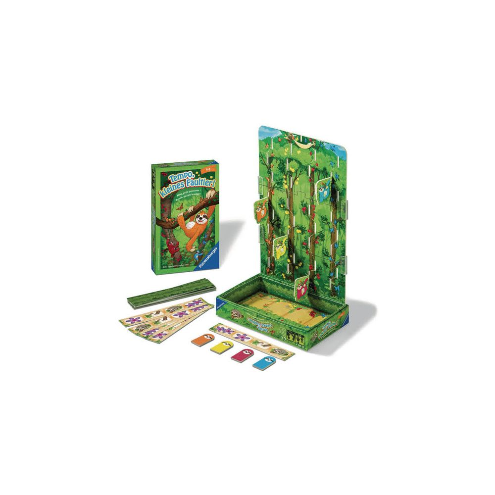 Brettspiel mit Affen-Thema, Spielbrett, Karten und Spielfiguren auf weißem Hintergrund.