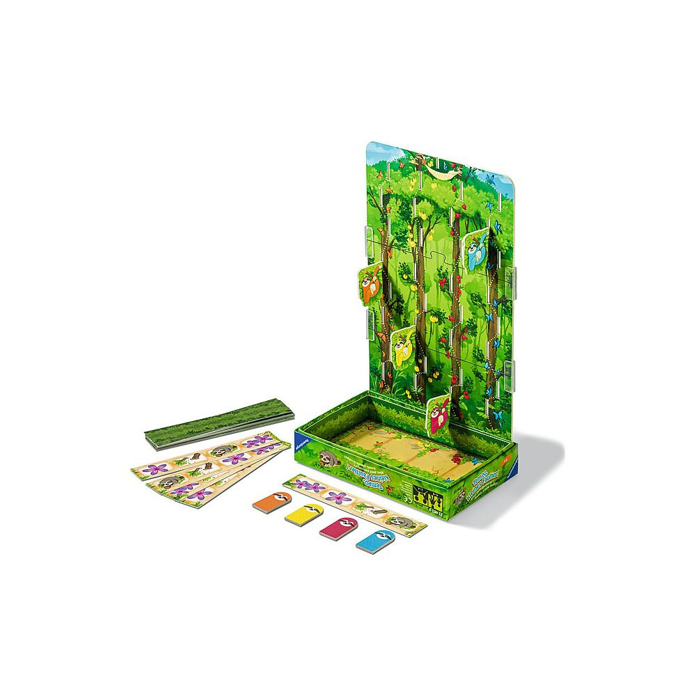 Ein Brettspiel mit bunten Faultieren und Bäumen auf einem grünen Hintergrund.