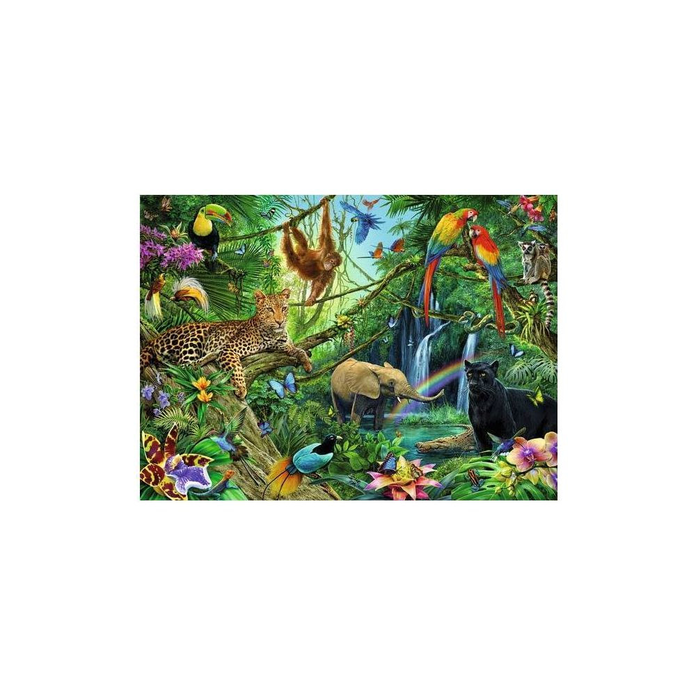 Ein Leopard, Elefant, Panther, Affe, Papageien in einem tropischen Regenwald mit Wasserfall.