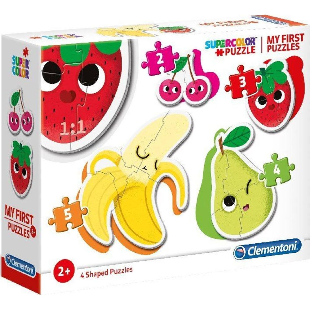 Una scatola Clementoni mostra puzzle di frutta: fragola, ciliegie, banana, pera.