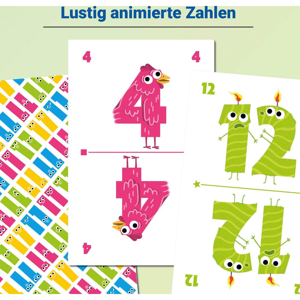 Bunte Karten mit animierten Zahlen: eine rote 4, zwei grüne 12en.