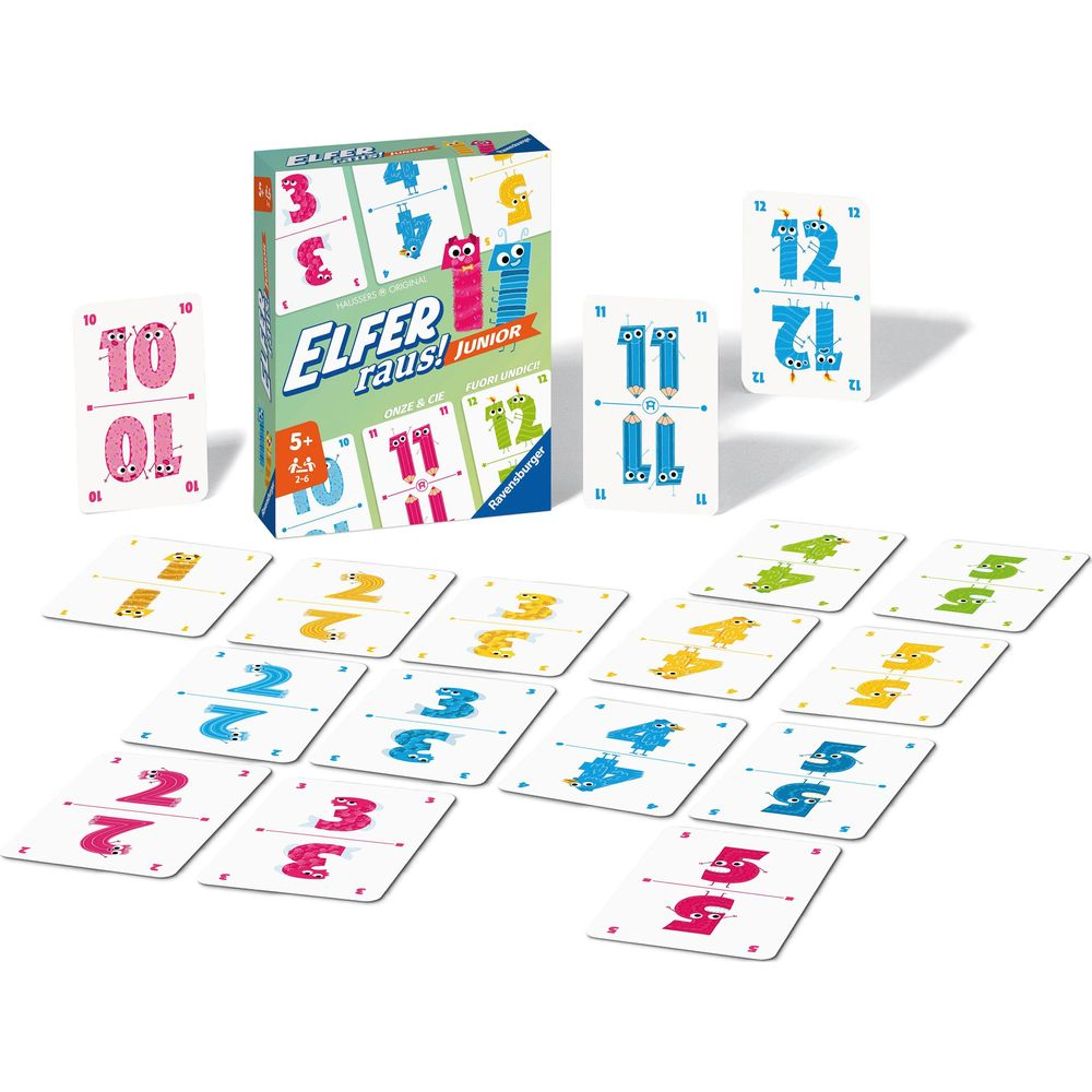 Ein Kartenspiel mit Zahlen und Elfen vor weißem Hintergrund.
