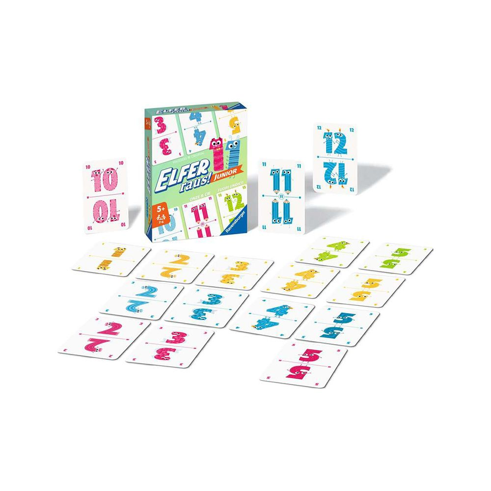 Brettspiel mit Zahlenkarten und Spielbox. Bunte Zahlen und Figuren.