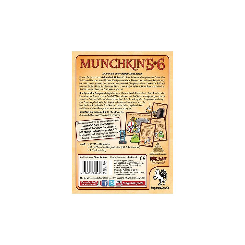 Rückseite der Munchkin 5+6 Erweiterung mit Text und Illustrationen von Charakteren.