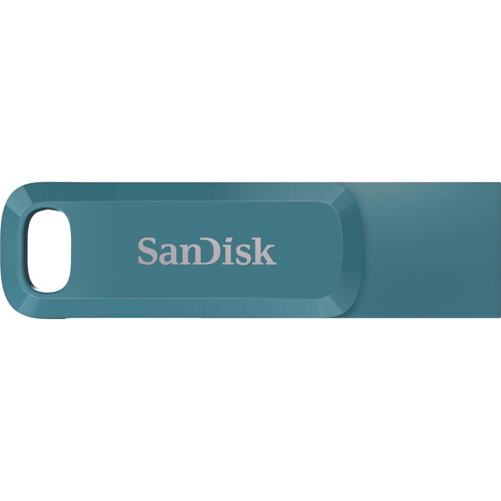 Une clé USB SanDisk turquoise avec logo argenté sur fond blanc.