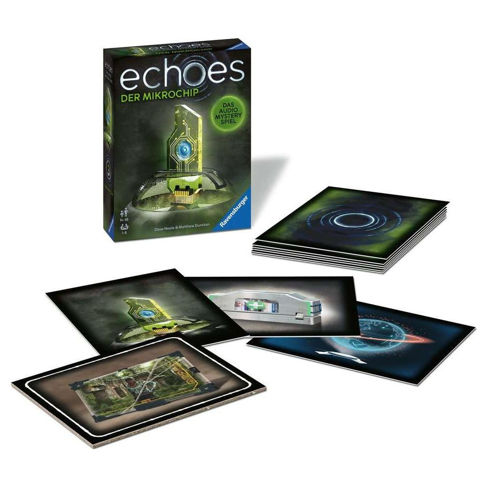 Spielschachtel und Karten für Echoes: Der Mikrochip, ein Ravensburger Audio-Krimispiel.