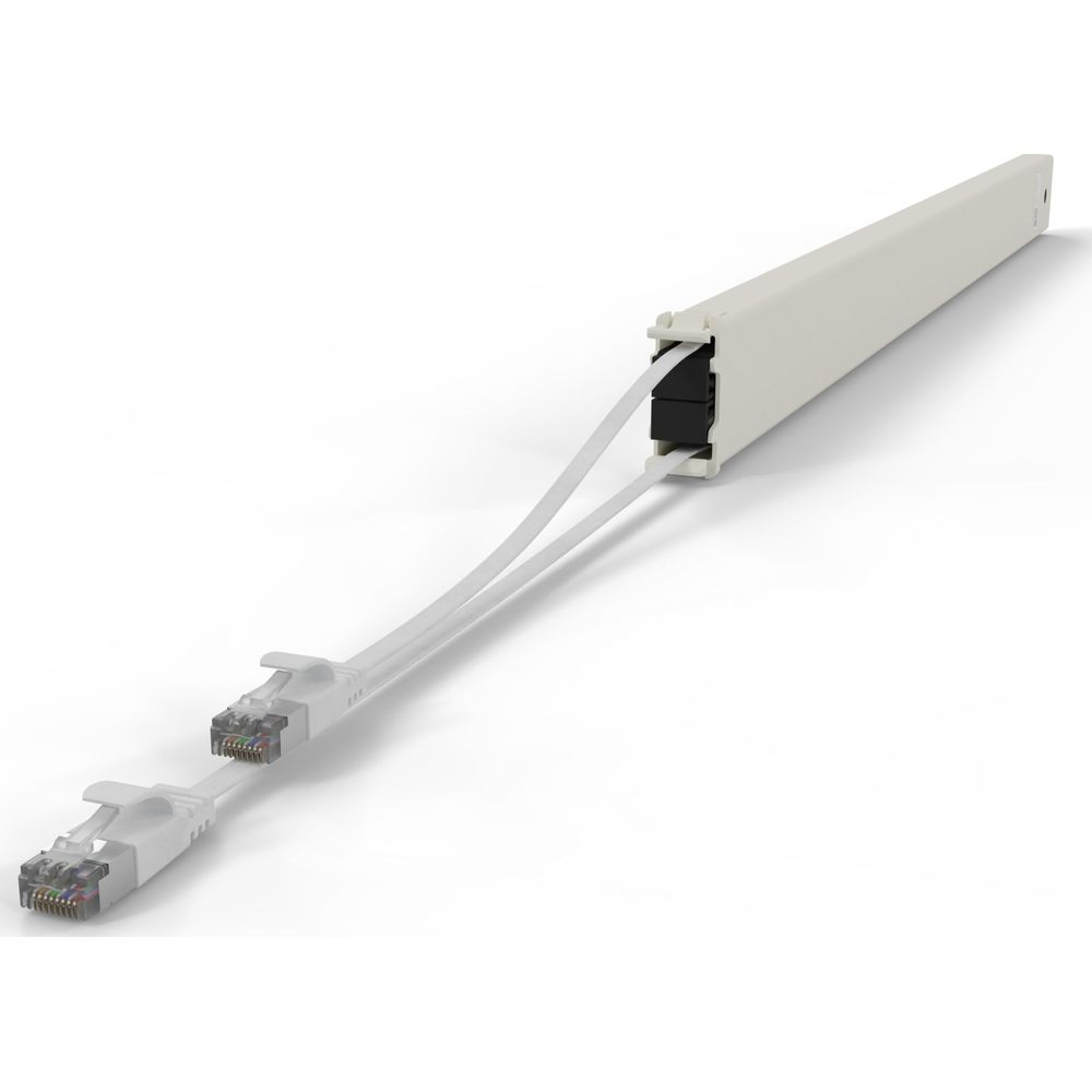 Due cavi bianchi con connettori RJ45 che escono da un involucro beige.