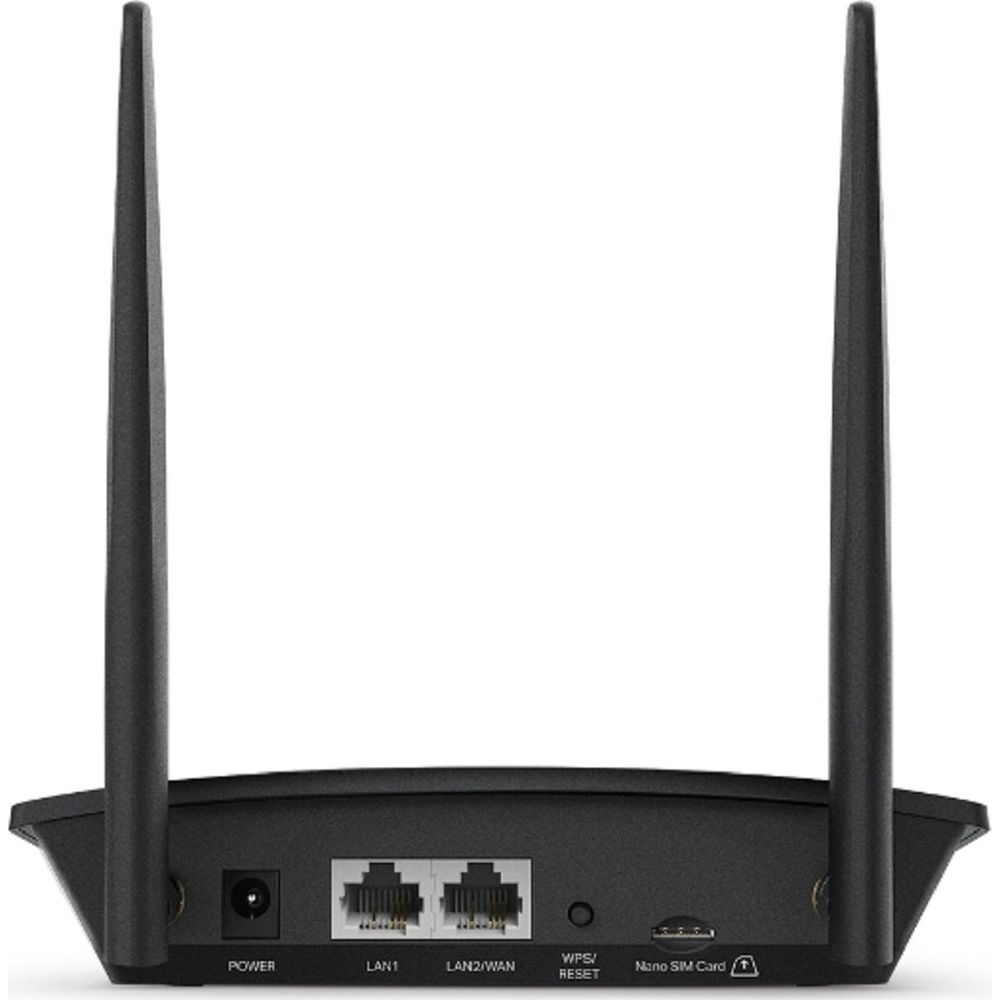 Schwarzer Router mit zwei Antennen, Strom-, LAN-, WAN-, WPS/Reset- und SIM-Karten-Anschlüssen.