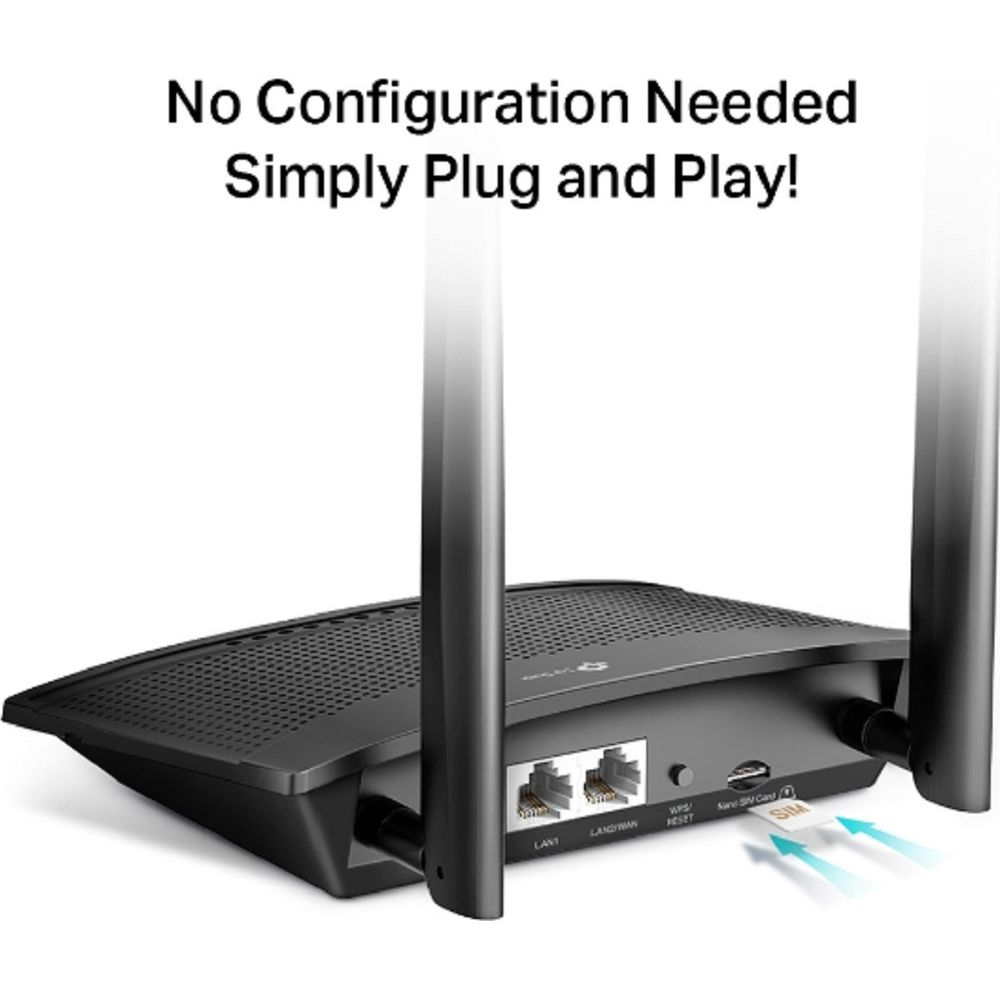 Schwarzer Router mit zwei Antennen, Anschlüssen und SIM-Kartensteckplatz.