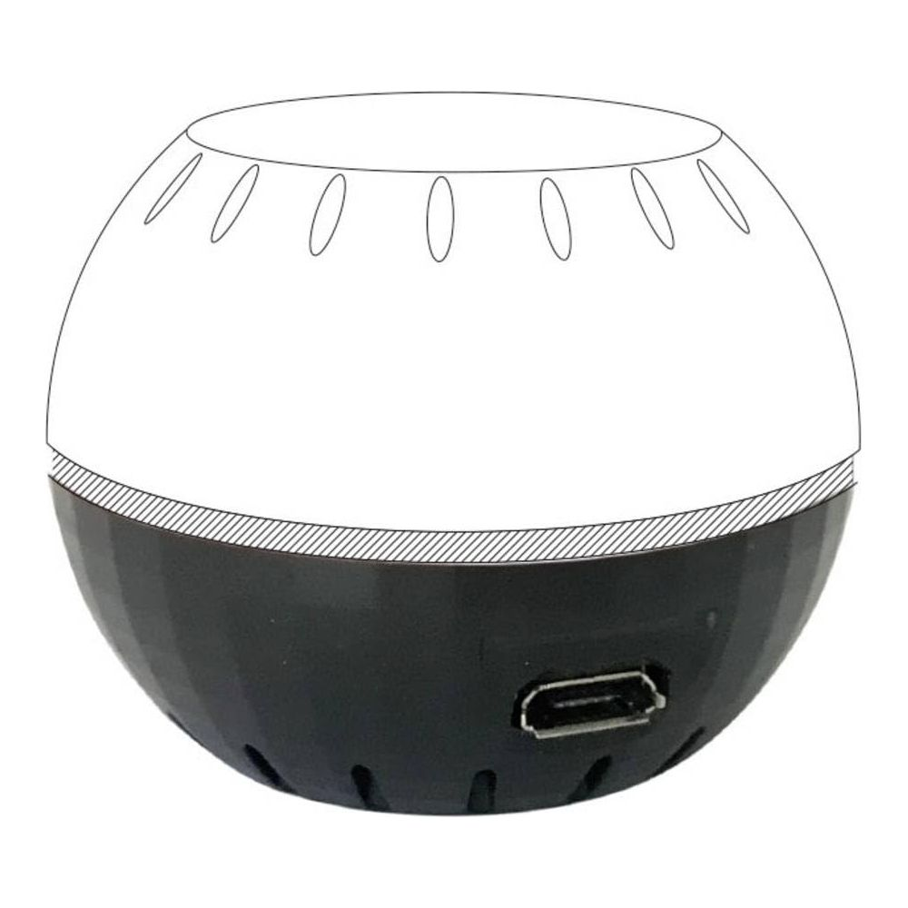 Una sfera nera con una sezione superiore bianca e una porta USB.