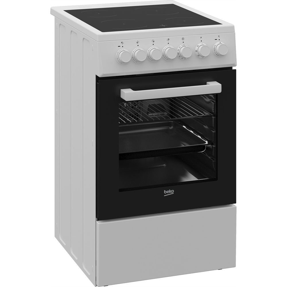 Ein freistehender weißer Beko Elektroherd mit schwarzer Glastür und Cerankochfeld.