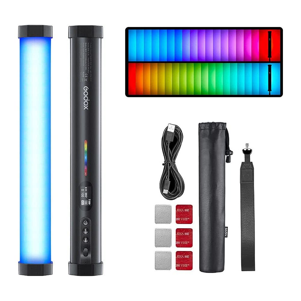 Zwei LED-Lichtröhren, Ladekabel, Aufbewahrungsbeutel, Klebepads und Riemen.