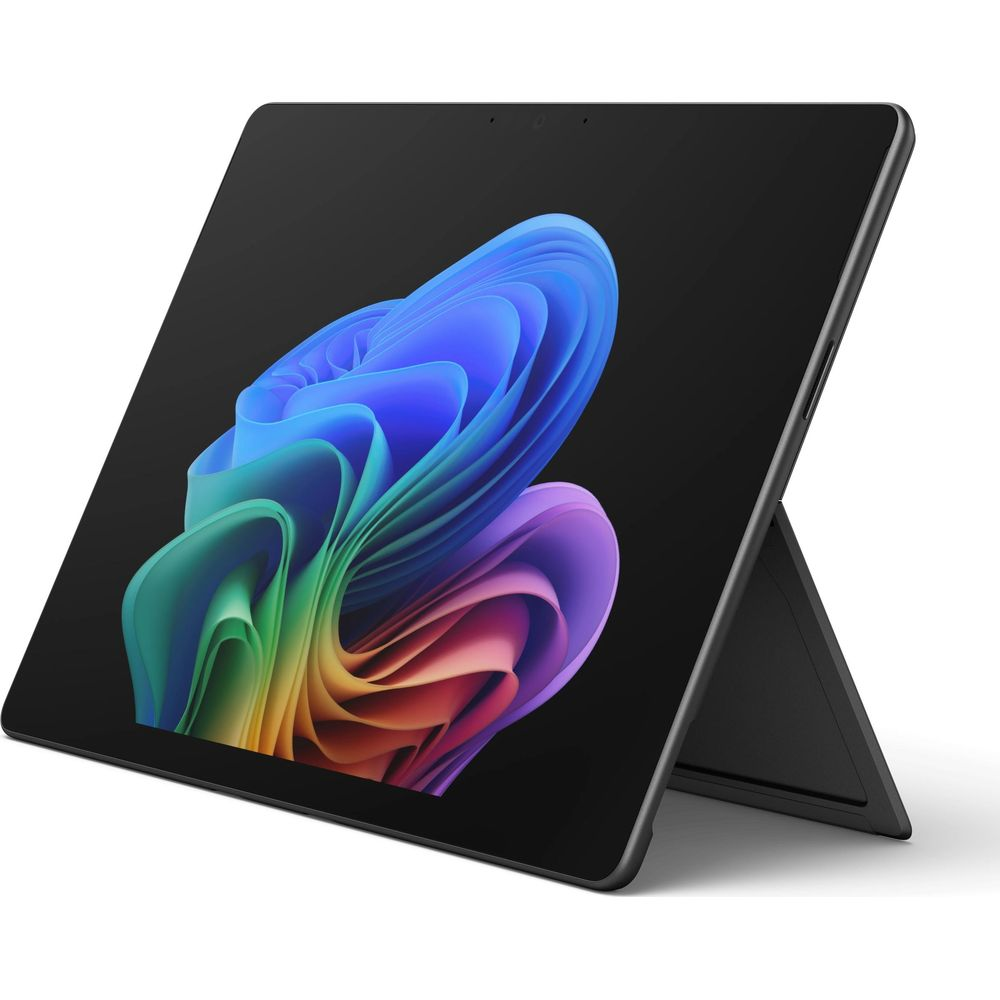 Un tablet nero con uno sfondo astratto e colorato sullo schermo.