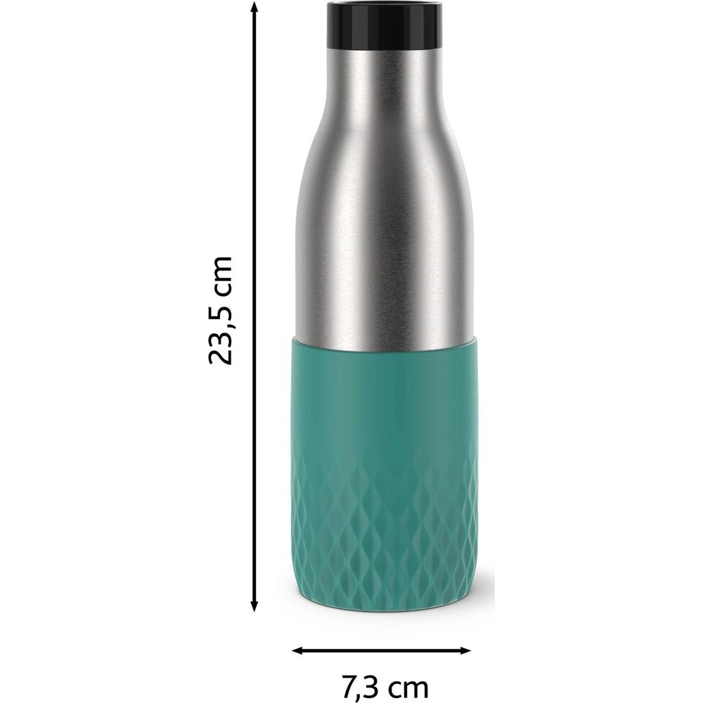 Silberne Thermoskanne mit türkisfarbenem, texturiertem Griff. H: 23,5 cm, B: 7,3 cm.