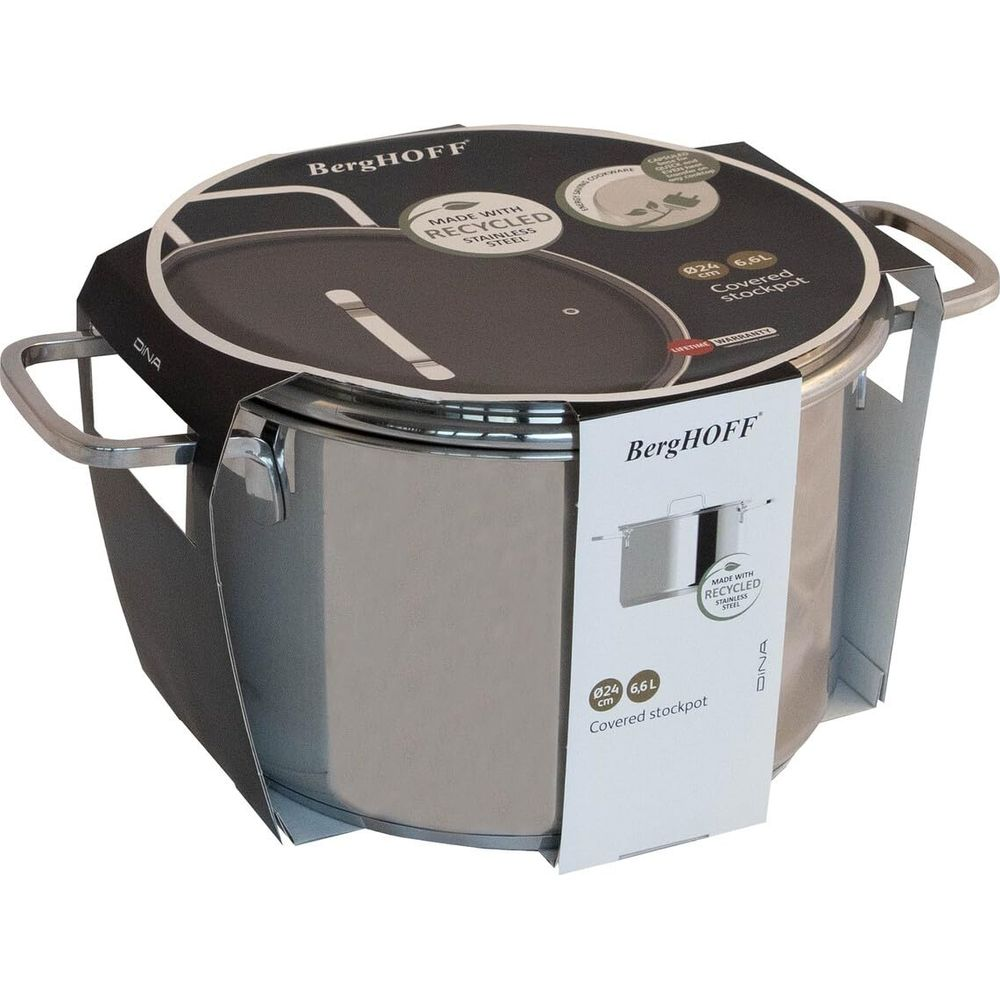 A silver covered stockpot with a BergHOFF label, made with recycled stainless steel.