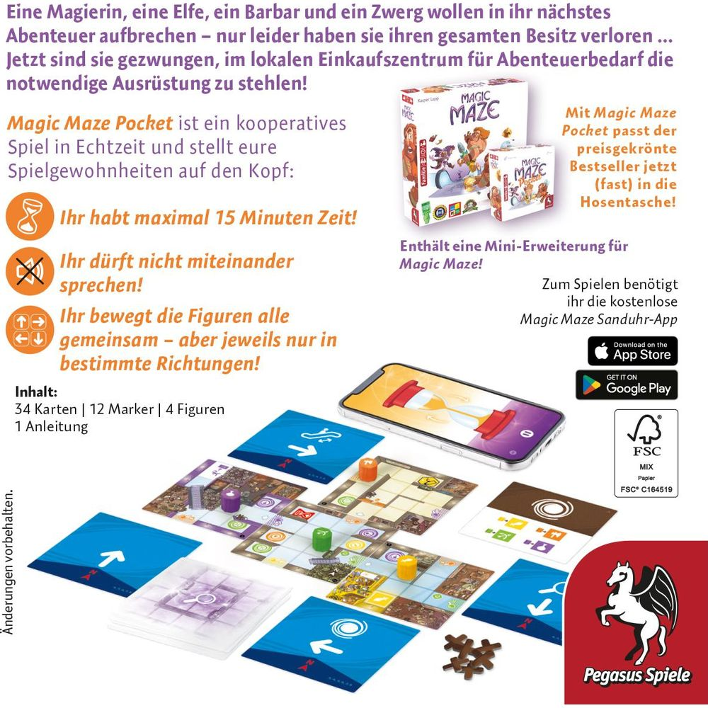 Spielbrett, Karten, Marker, Figuren, Handy mit App-Anzeige und Spielboxen für Magic Maze.