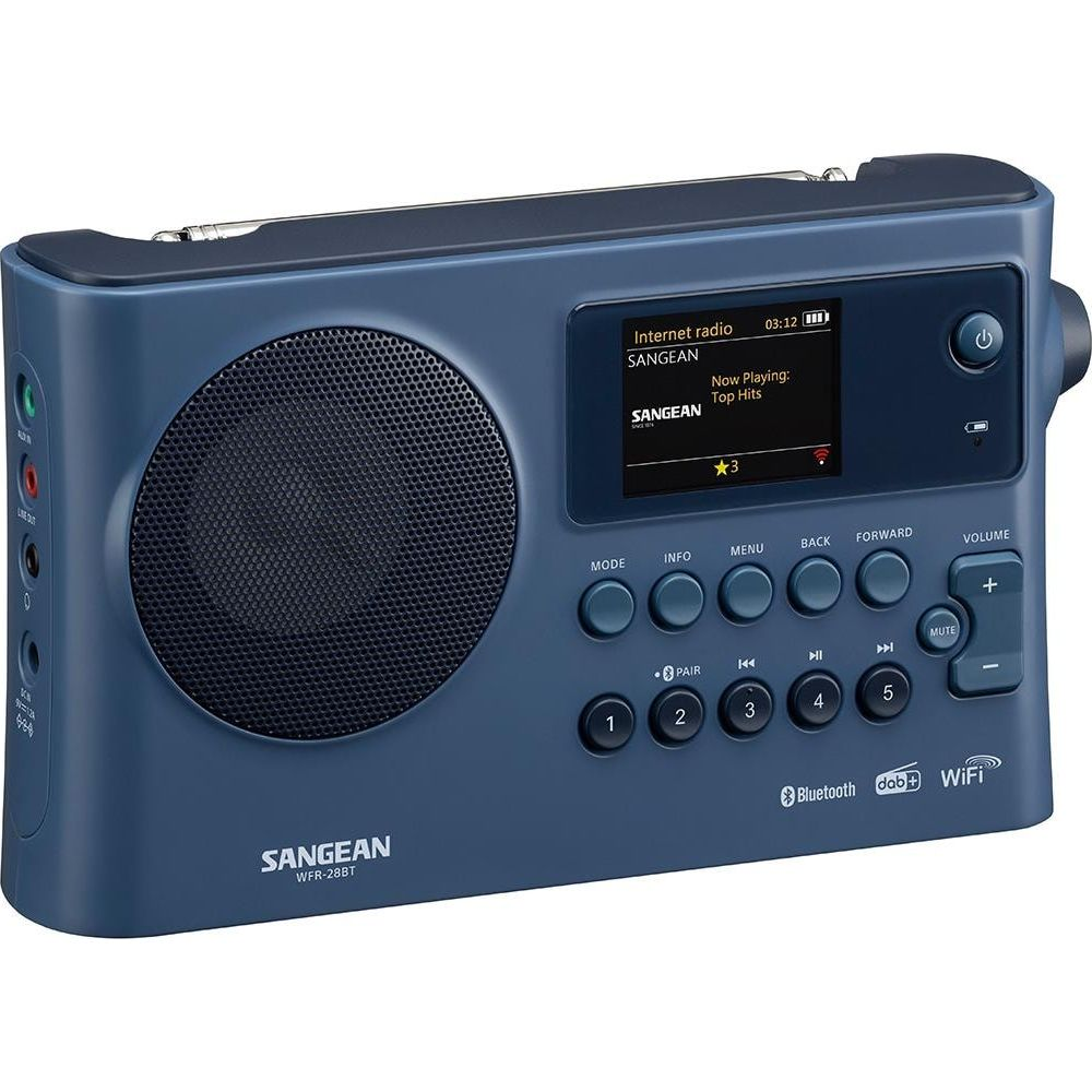 Una radio internet Sangean WFR-28BT blu con altoparlante, schermo e pulsanti.