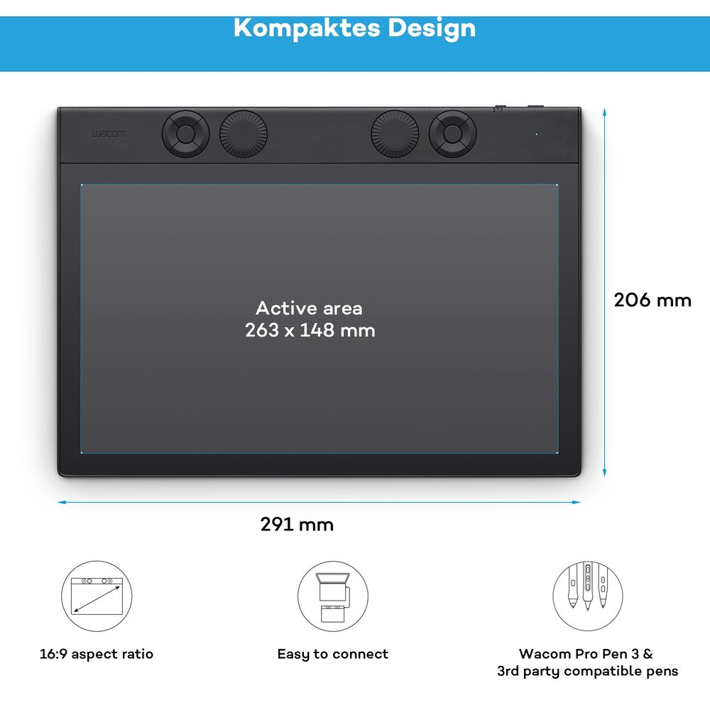 Wacom Grafiktablett mit 291mm Breite, 206mm Höhe, aktiver Fläche 263x148mm.