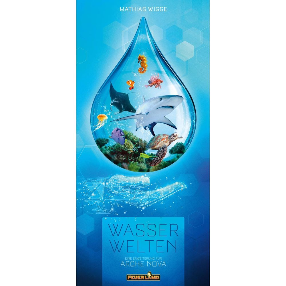 Una gota de agua contiene vida marina como tiburones, tortugas y caballitos de mar.