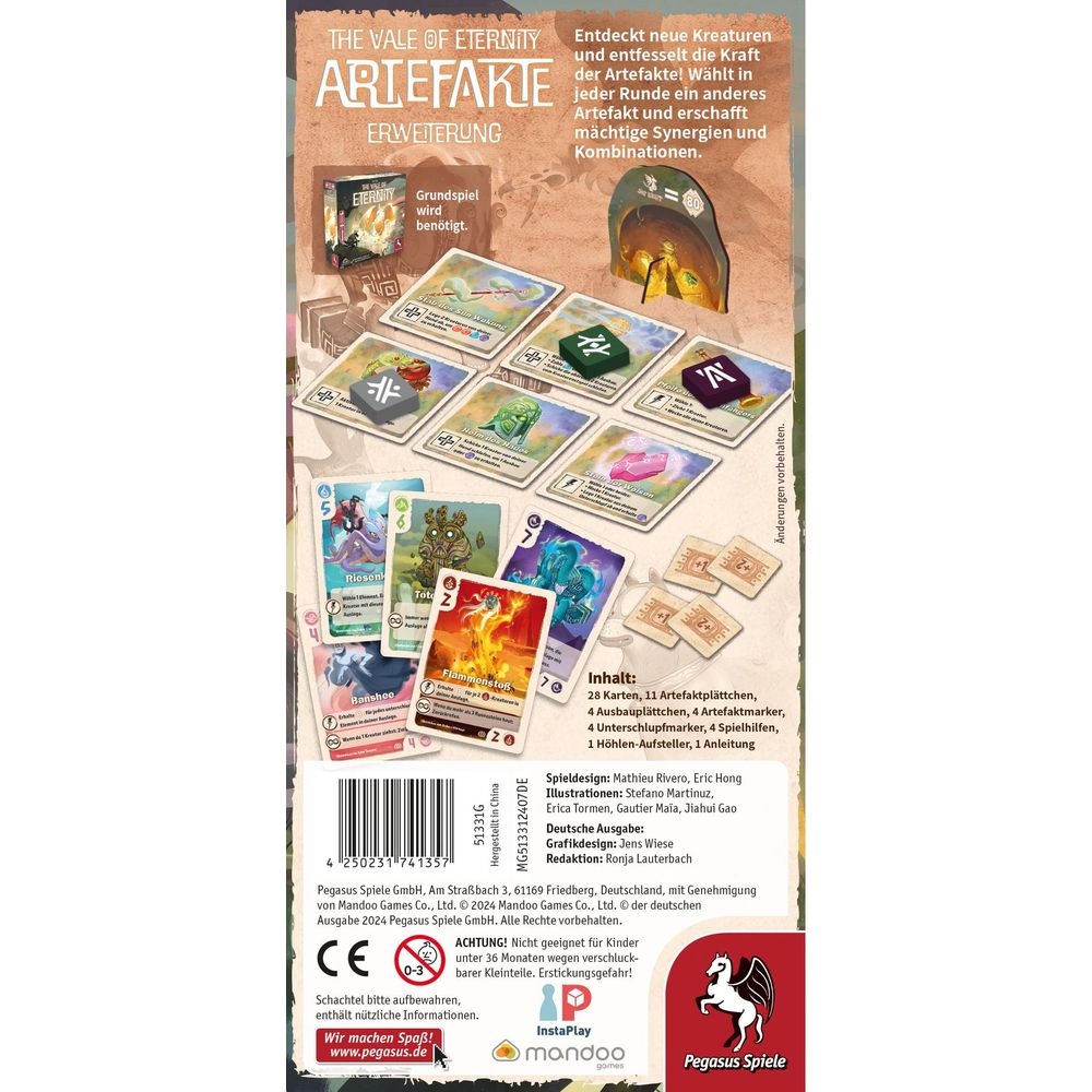 Spielschachtel für 'Artefakie: Erweitung' mit Spielkarten, Artefakten und Texten.