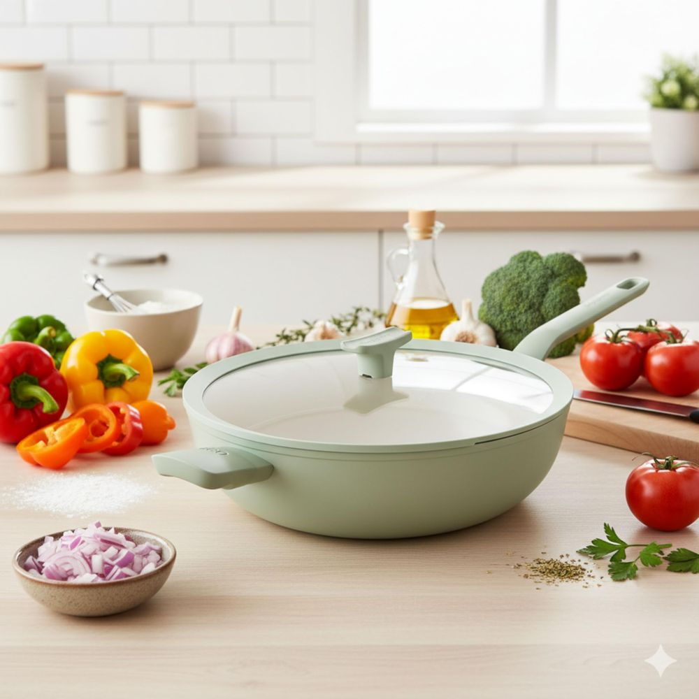 A light green skillet with a glass lid sits on a wooden table. Peppers, tomatoes, garlic, oil, and herbs are nearby.