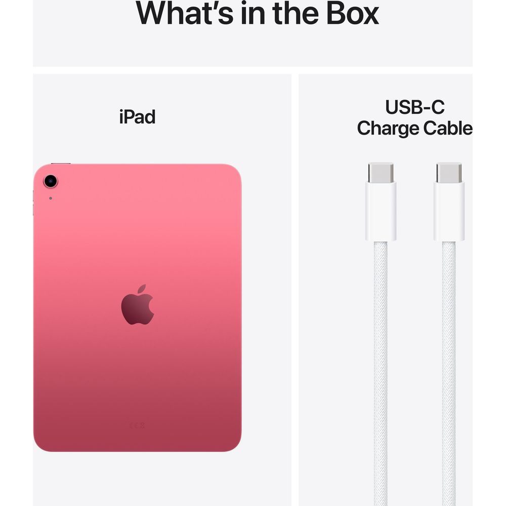 iPad rosa e due cavi di ricarica USB-C bianchi.