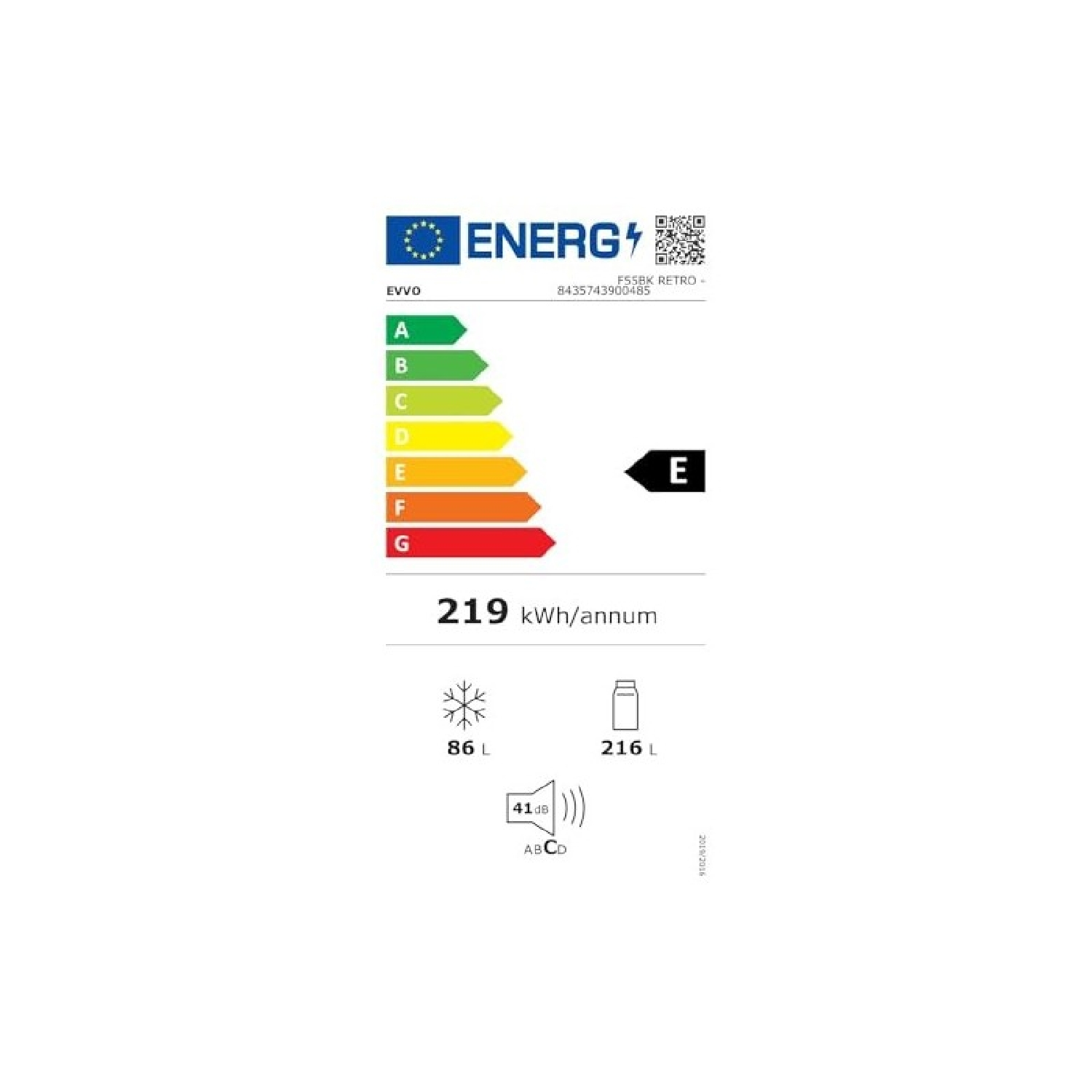 Etiqueta energética: Clase E, 219 kWh/año, congelador 86L, frigorífico 216L, nivel de ruido 41dB.