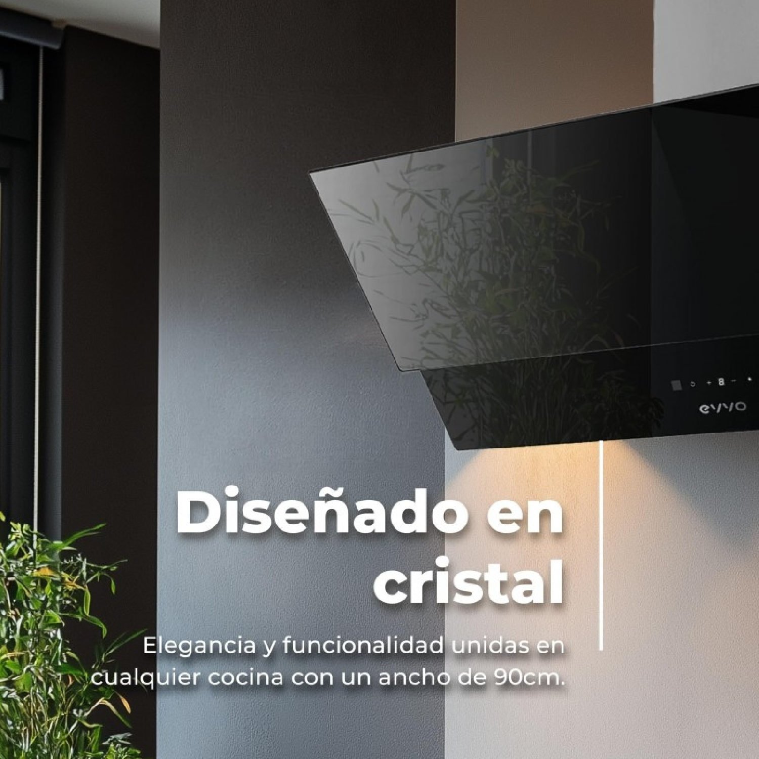 Campana extractora de cristal negro con diseño de plantas.