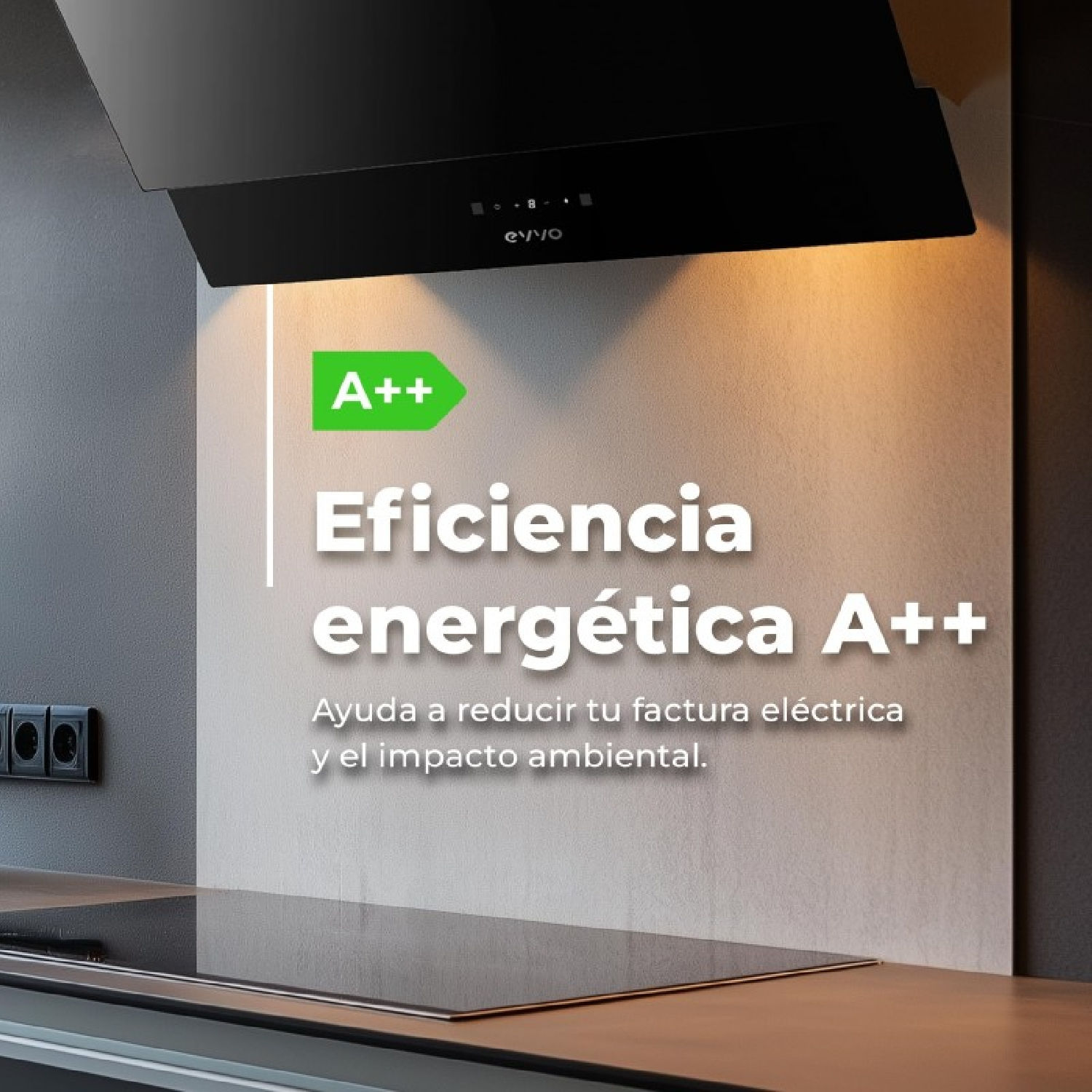 Moderna campana extractora con etiqueta energética A++ en una cocina.