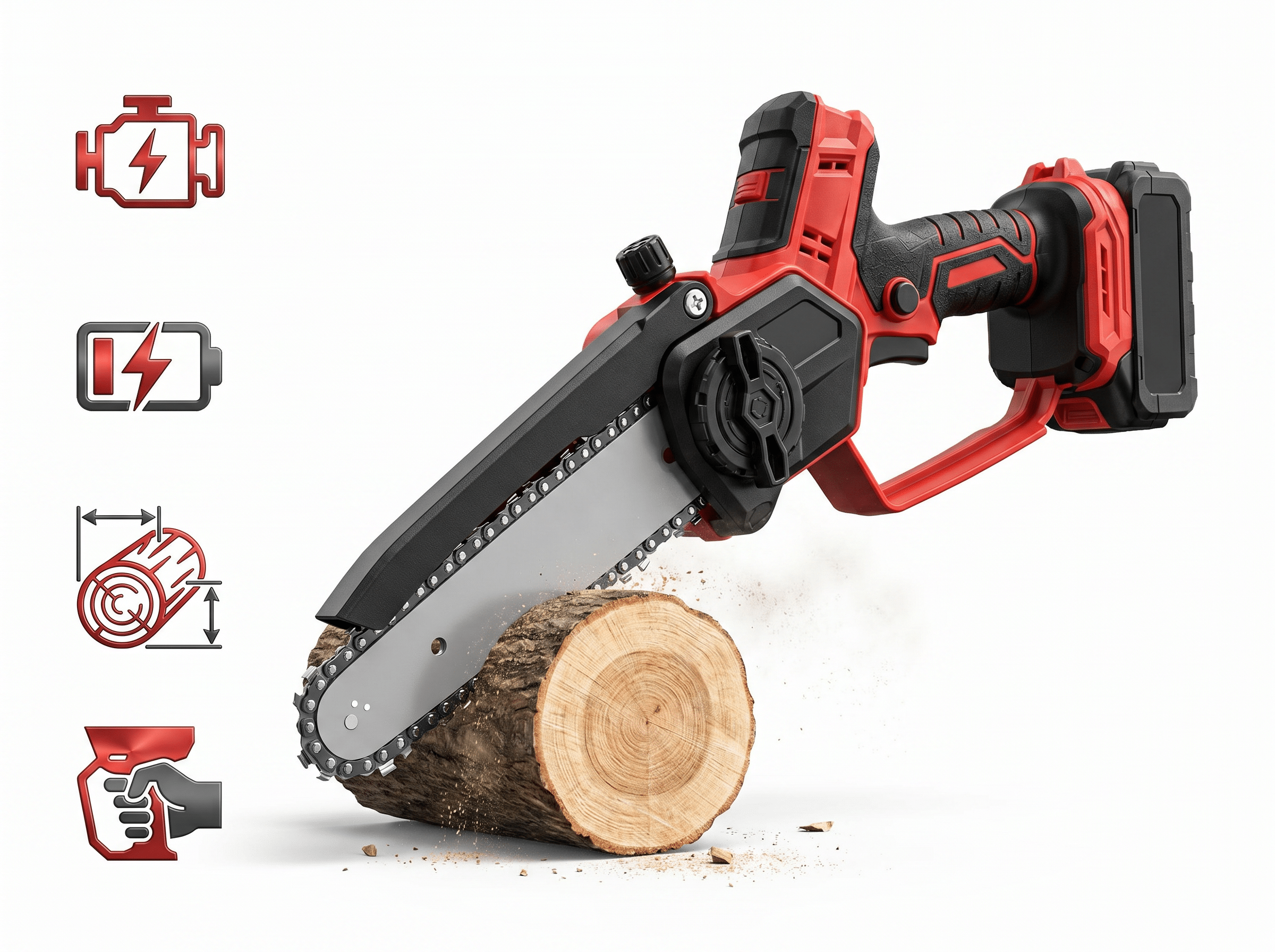 Kettensäge schneidet Holz; Symbole für Motor, Akku, Größe und Hand.