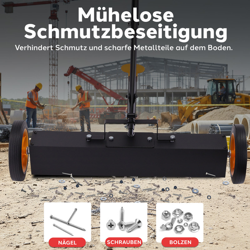Ein Magnet-Bodenkehrer sammelt Nägel, Schrauben und Bolzen auf einer Baustelle.