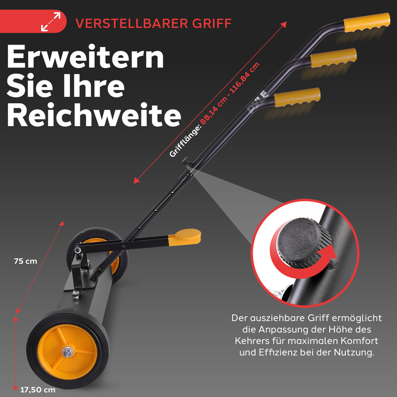 Schwarzer Kehrer mit gelben Griffen und Rädern. Verstellbarer Griff für Reichweite.