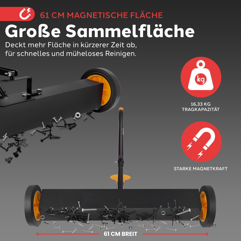 Ein 61 cm breiter Magnet-Rechen sammelt Schrauben und Nägel.