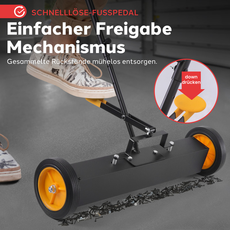Ein Fußpedal-Mechanismus sammelt Schrauben. Ein Fuß drückt das Pedal nach unten.