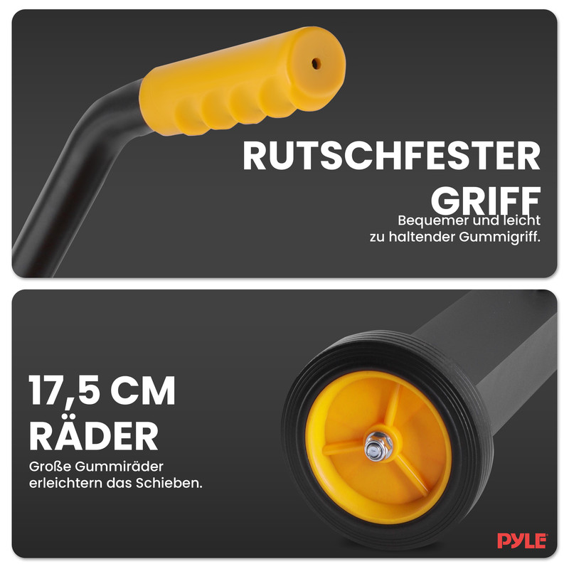 Gelber Griff und 17,5 cm Rad mit gelber Felge und schwarzem Gummi.