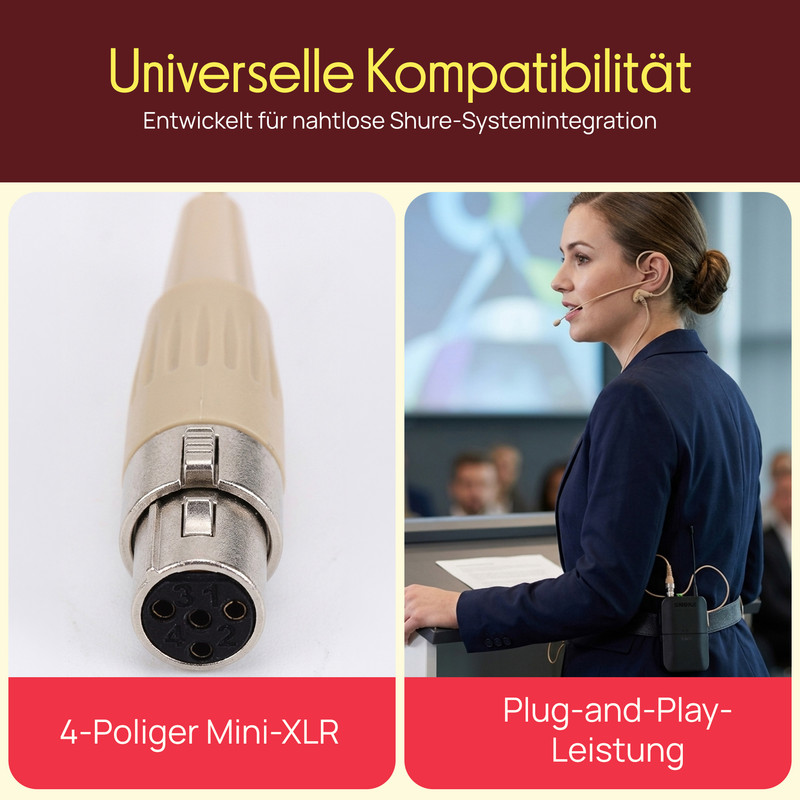Nahaufnahme eines 4-poligen Mini-XLR-Steckers und einer Frau mit Headset.