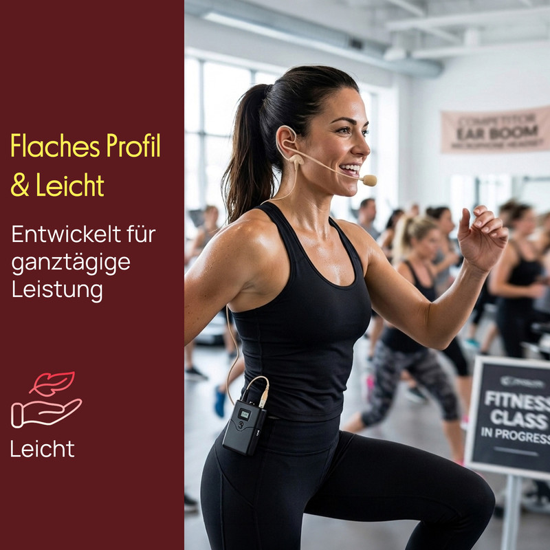 Eine Frau mit Headset-Mikrofon leitet eine Fitnessklasse in einem hellen Raum.