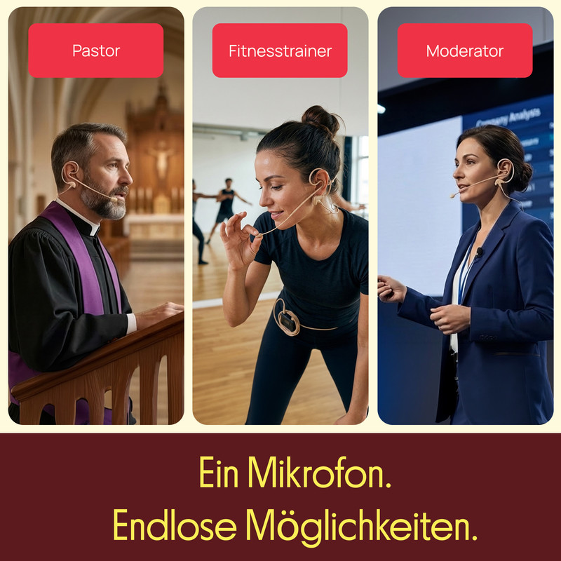 Ein Pastor, Fitnesstrainer und Moderator tragen Mikrofone.