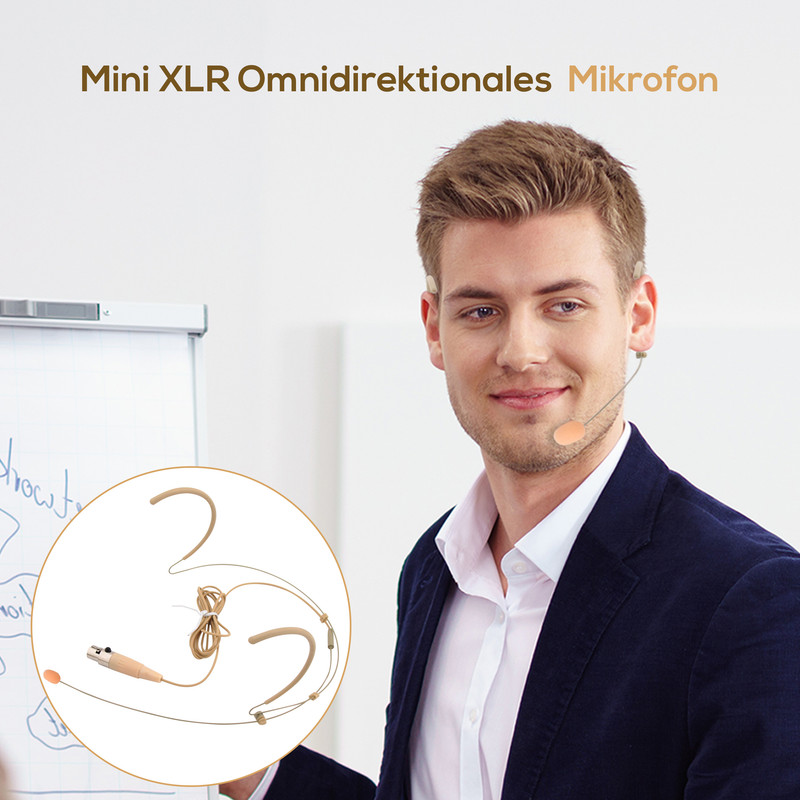 Mann mit Headset-Mikrofon, Nahaufnahme eines Mikrofons mit Kabel und XLR-Anschluss.