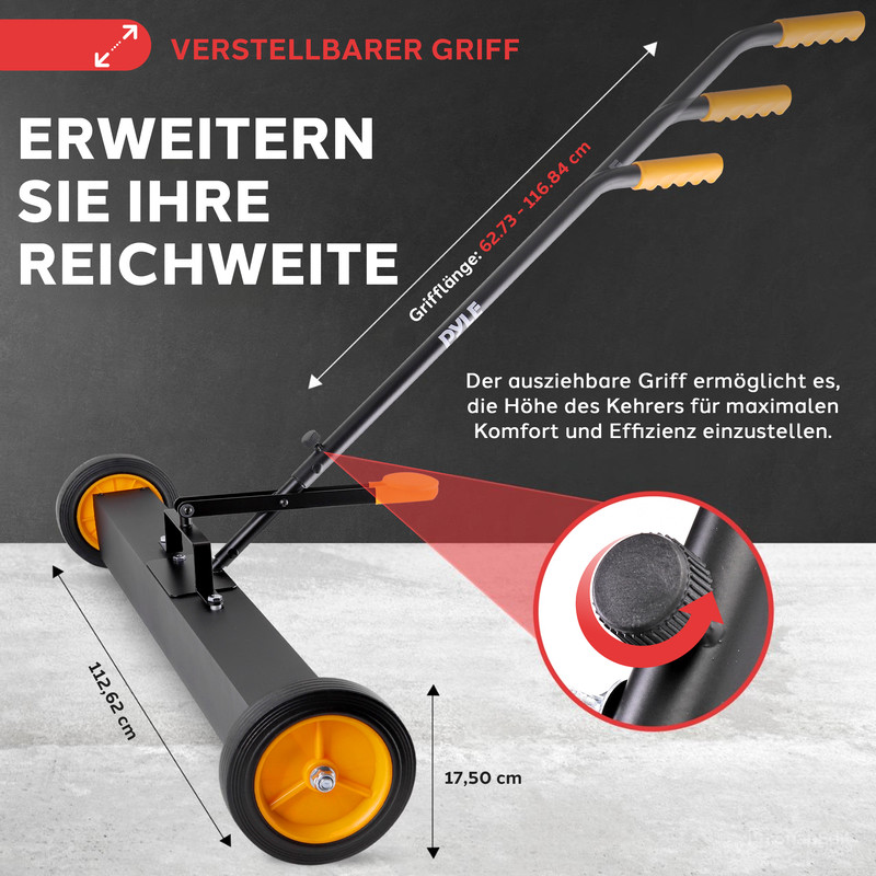 Schwarzer Kehrer mit verstellbarem Griff, Rädern und Maßen.