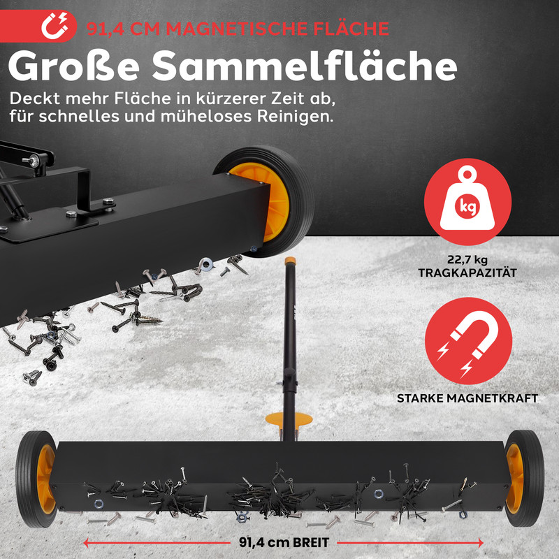 Großer Magnetheber mit 91,4 cm Breite sammelt Schrauben und Nägel.