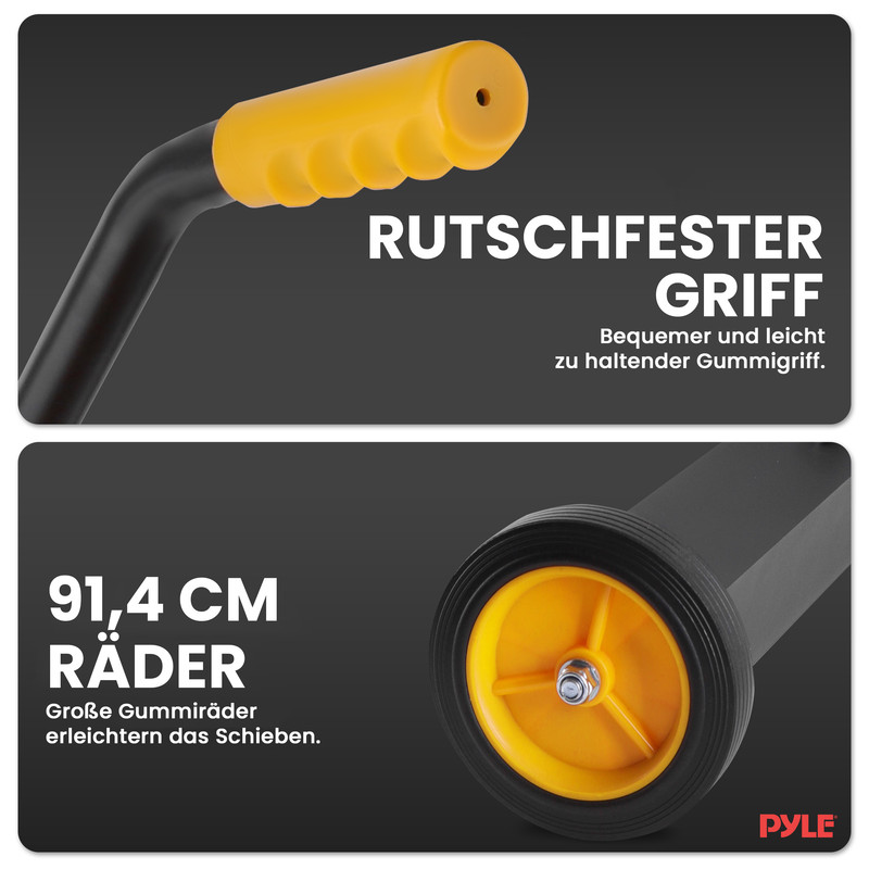 Gelbe Gummigriffe und große Räder für einfache Handhabung.