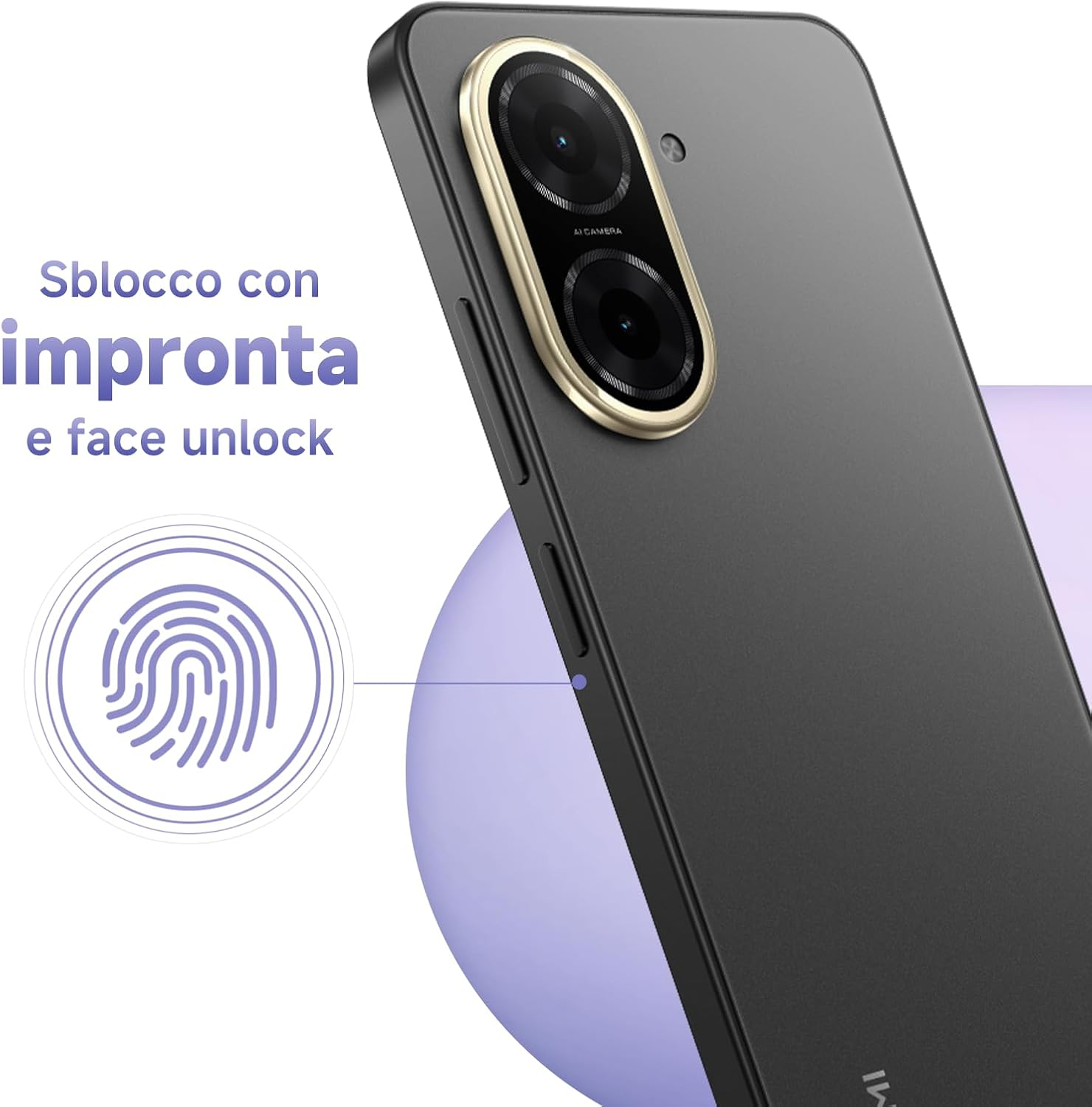 Un smartphone negro con dos cámaras y un icono de huella dactilar.