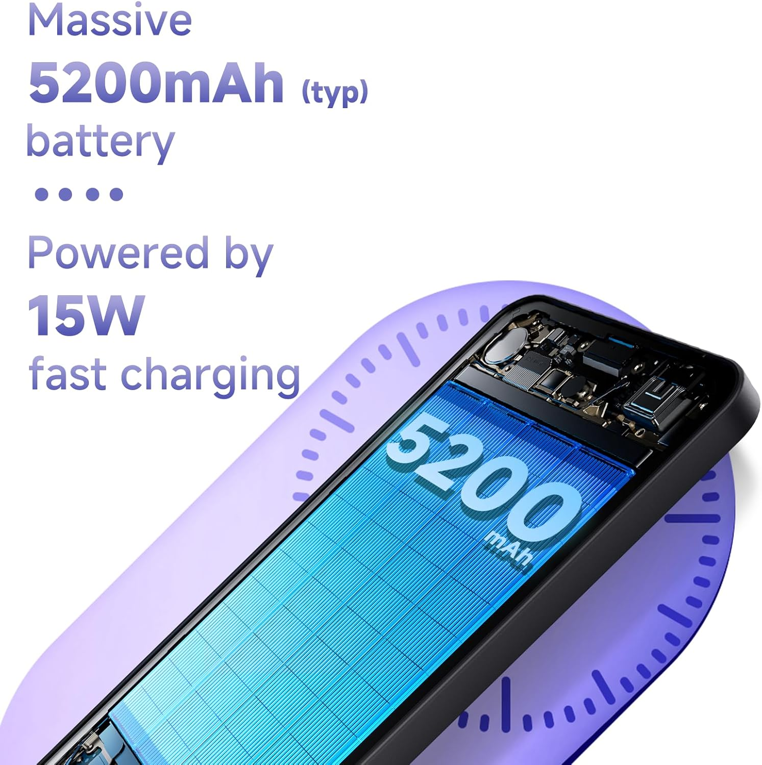 Smartphone con batería de 5200 mAh y carga rápida de 15W.