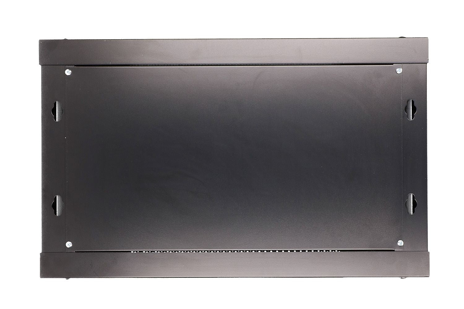 Czarny metalowy panel szafy serwerowej z otworami montażowymi i śrubami na białym tle.