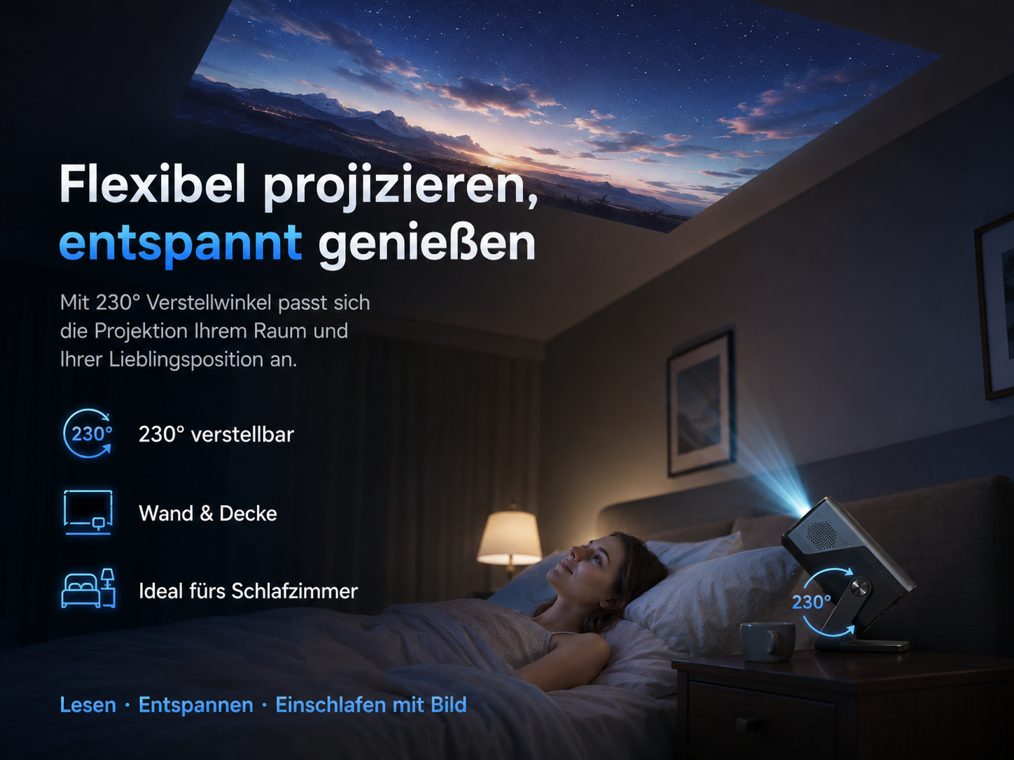 Frau im Bett schaut auf Projektion von Sternenhimmel an Decke durch drehbaren Beamer.