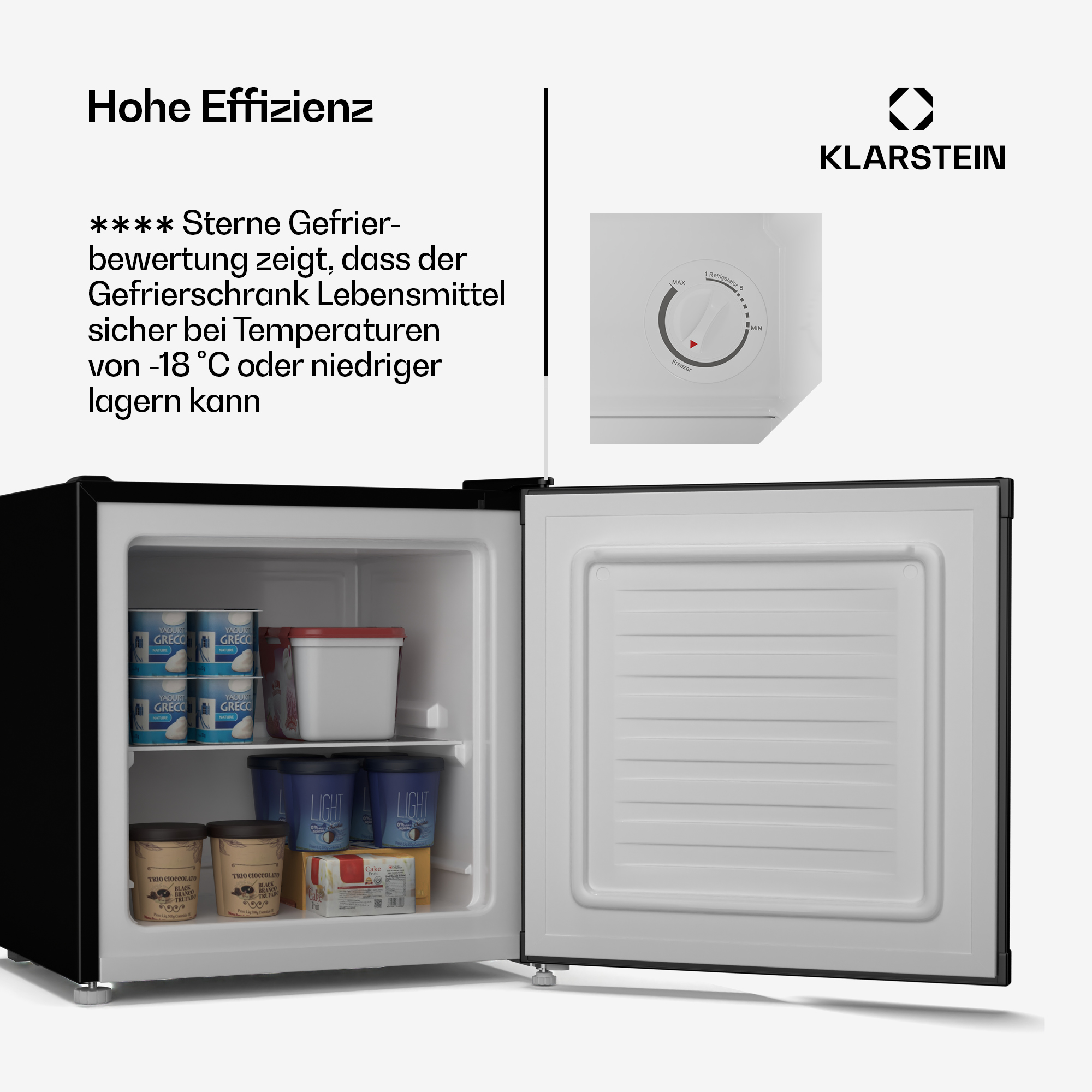 Ein offener schwarzer Kühlschrank mit Joghurt, Eis und Kuchen im Inneren. Daneben ein Temperaturregler.