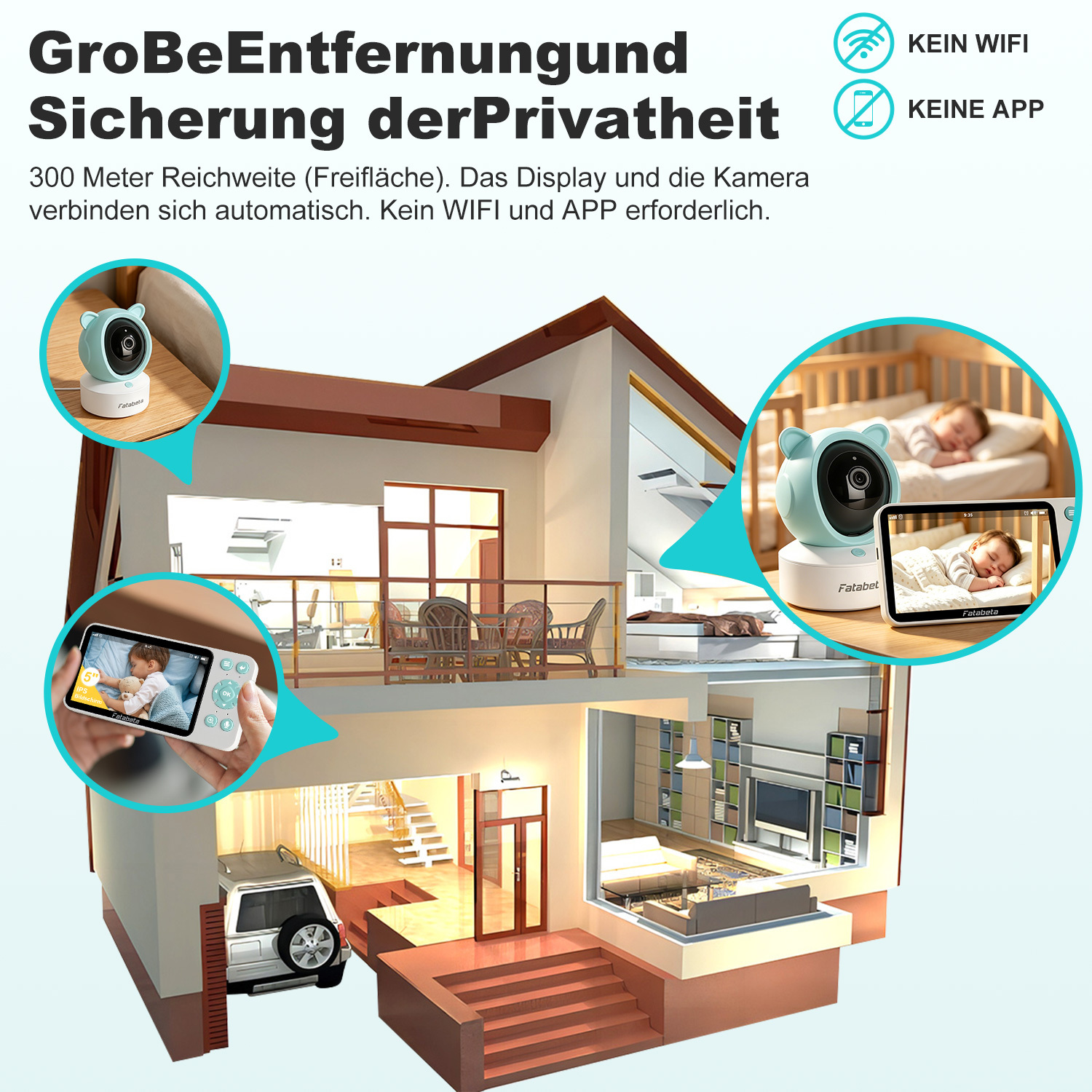 Babyphone mit Kamera und Display, das die Überwachung eines Babys in einem Bett zeigt.